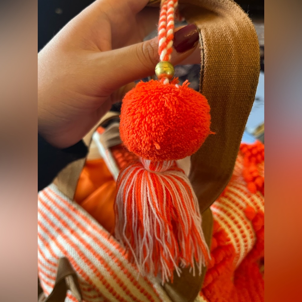 Orange Bali-Themed Printed Pom-Pom Beach Bag - Picture 5 of 8